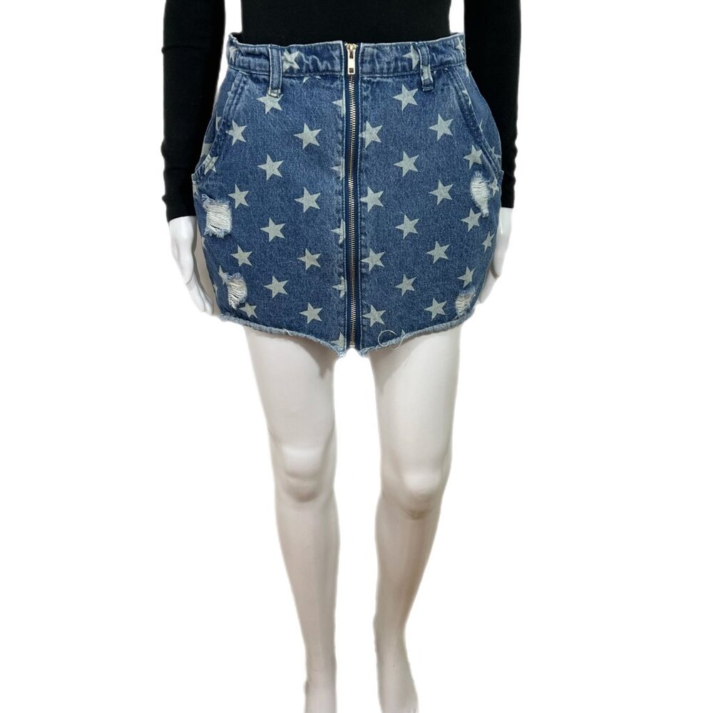 PRE-OWNED - superdown Blue Denim Star Design Mini Skirt Size Medium